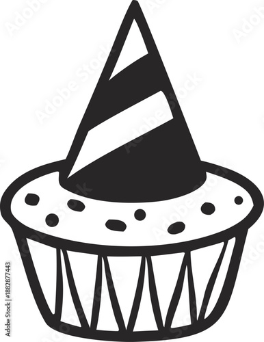 Delightful witch's hat cupcake with white frosting and dark sprinkles Vector