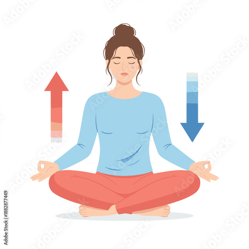 Professional wellness illustration of a woman in lotus position practicing mindfulness meditation and rhythmic breathing.