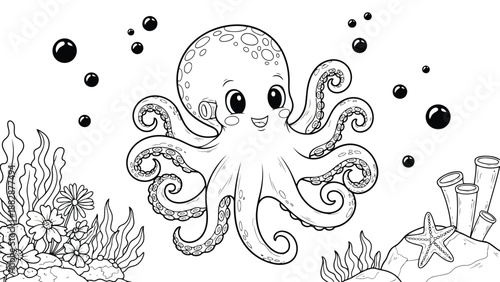 a charming black and white illustration depicts a cute octopus surrounded by aquatic plants and bubbles in an