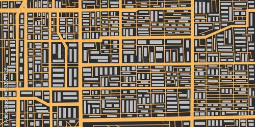 Black city map background in a flat style. Concept of a travel, destination, location, route. Vector banner, top view.