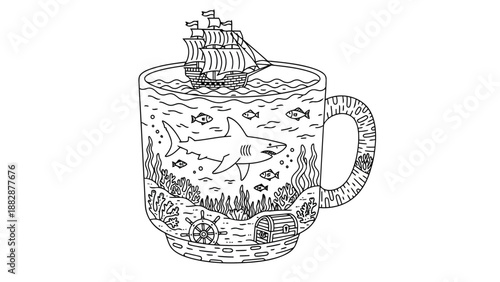 a whimsical black and white illustration depicts a mug filled with ocean life including a ship and shark