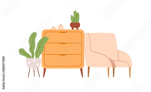Home room furniture. Cozy upholstered armchair, wooden chest of drawers, plant in pot. Chair, wood sideboard, cabinet, houseplant, candles, decor. Flat vector illustration isolated on white background