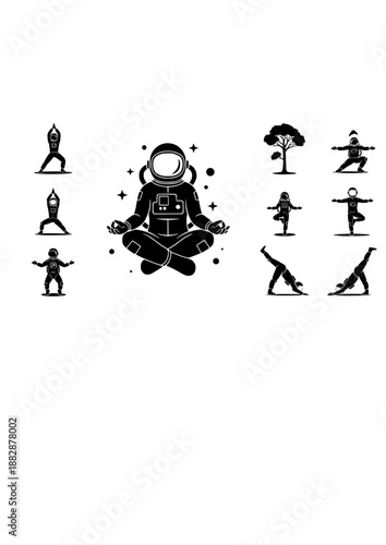 Space Yoga and Mindfulness Silhouette, Astronaut Meditating in Zero Gravity, Wellness and Mental Health in Space Travel Vector Design