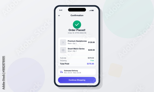 A smartphone screen displays confirmation of an order placed for premium headphones and a smartwatch. The screen shows total amount paid and delivery information.