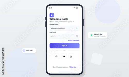 Screen displays a welcome message asking for an email address and password to log in. Options are available to recover password or sign up for a new account.