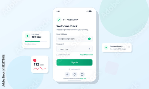 Screen displays welcome message and user login section for a fitness app. It shows calorie count, heart rate, and goal completion. User can sign in or create an account.