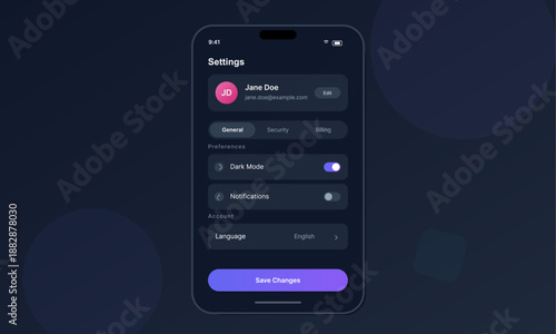 The screen displays settings for a user account. Dark mode is switched on. Options for general settings, security, billing, notifications, and language are visible.