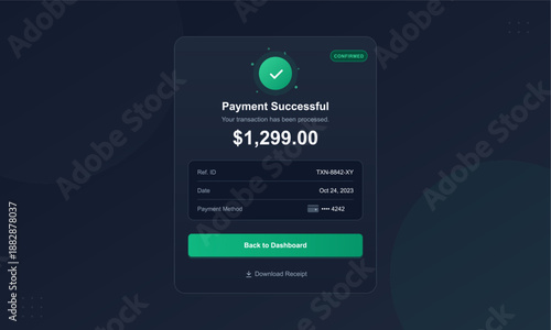 A transaction has been completed successfully for 1299 dollars. The details include a unique ID and options to return to the dashboard or download a receipt.