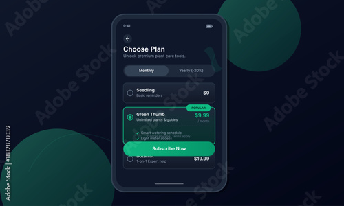 A person interacts with a mobile app that offers different plant care plans. The options include monthly and yearly subscriptions for plant care tips and services.