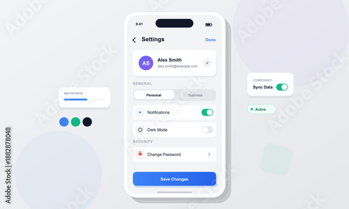 User views a settings screen on a mobile device showing options for notifications, dark mode, and changing a password. This happens in a digital environment focused on interface design.