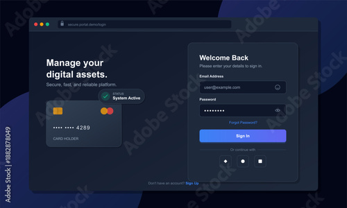 A screen shows a digital asset management portal with spaces for email and password. Users can sign in using secure credentials and access their accounts.