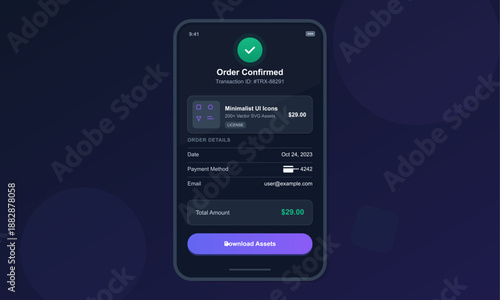 A mobile screen shows an order confirmation for a digital asset purchase. Details include order amount, date, and payment method. The screen has a checkmark indicating success.