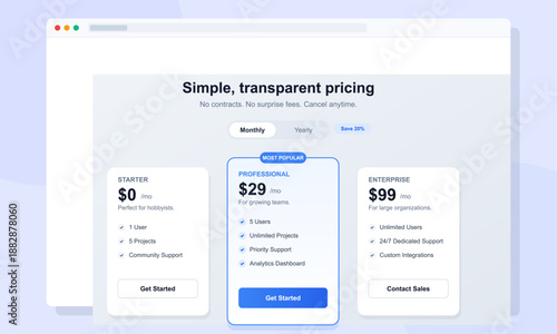 Pricing information shows three subscription plans with different features and support. Users can choose from starter, professional, and enterprise levels.