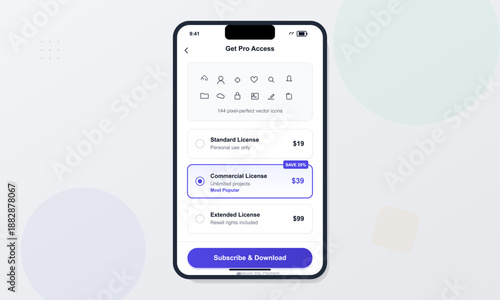 A user navigates a mobile app that displays choices for licensing vector icons. Options include personal and commercial licenses with price details.