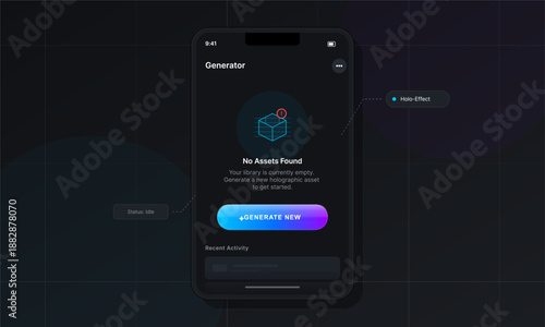 A mobile app interface displays a message indicating no assets found. The user is prompted to generate new items for their project. There are buttons for status and recent activity.