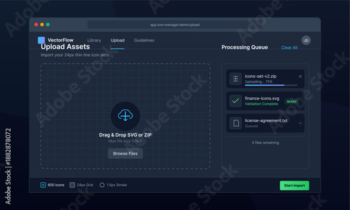 Users drag and drop files into the upload area on a design platform for processing vector assets. The screen shows ongoing uploads and file details clearly.
