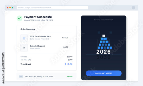 A digital screen shows a successful payment for a 2026 calendar order. The order number, subtotal, tax, and total paid are clearly listed.