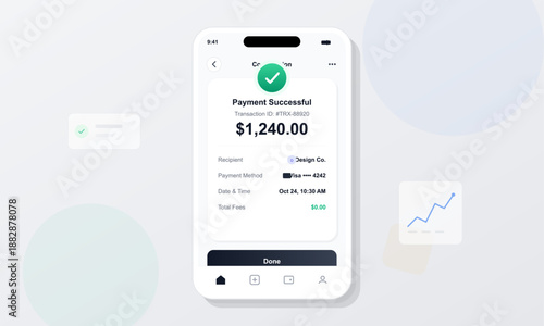 A payment notification shows a successful transaction for $1,240.00, dated October 24 at 10:30 AM. It lists the recipient, payment method, and total fees.