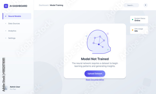Dashboard display shows the status of an AI model training. The system is online and waiting for a dataset to be uploaded. User settings and documentation are accessible.
