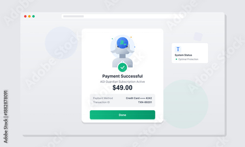 A screen shows a payment successful message for a subscription service. It includes the transaction amount, payment method, and status of the service activation.