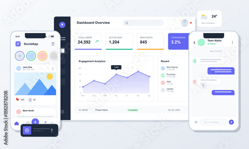 The workspace shows a dashboard with user statistics and engagement analytics displayed on mobile and desktop screens. It shows data for a social app.