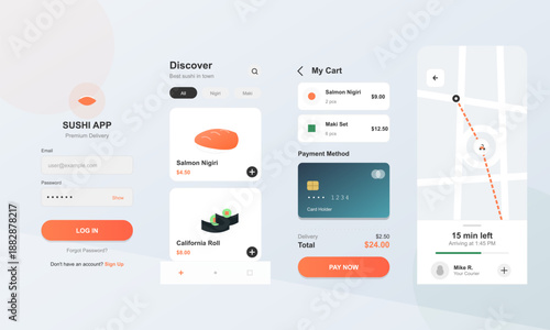 User views a sushi delivery app showing options for salmon nigiri and California roll. The total payment is displayed while a map indicates delivery time.