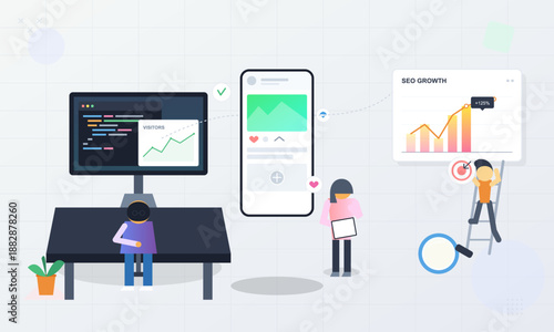 People engage in digital marketing activities in a modern office. One person works at a desk with a computer while others use mobile devices and make notes. Charts are present on screens.