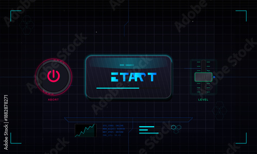 A display screen features controls for starting and aborting tasks along with status indicators. Graphs and data points show information about performance and levels.