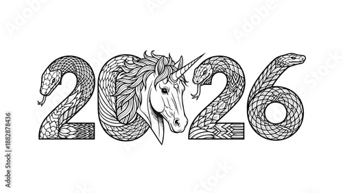 a detailed black and white illustration featuring a unicorn and serpents intertwined to form the number two thousand