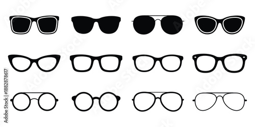 Eyeglasses and Sunglasses Icon Set Black Vector Collection