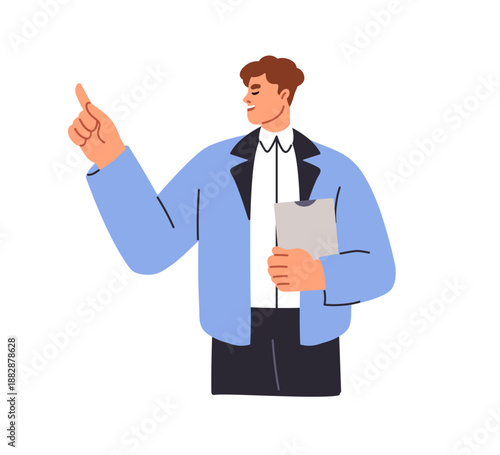 Business man pointing, presenting with hand gesture. Office worker manager showing, indicating with index finger. Advisor employee with clipboard. Flat vector illustration isolated on white background
