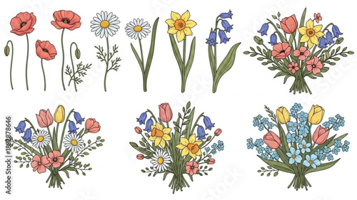 Collection of Various Spring Flower Bouquets and Individual Blooms.