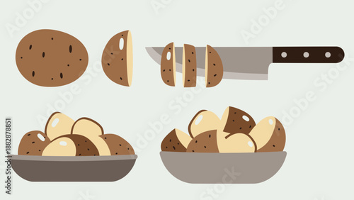 Illustrated Culinary Display Featuring Potatoes, Sliced, And Prepared For Cooking