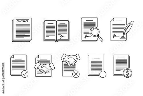 Minimalist legal and business agreement icons with signed contract book handshake magnifying glass and financial document.