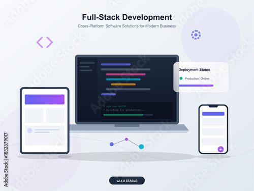A user works on full-stack development across a desktop computer, tablet, and mobile phone. Colorful code is visible on the screen, showing active software projects.