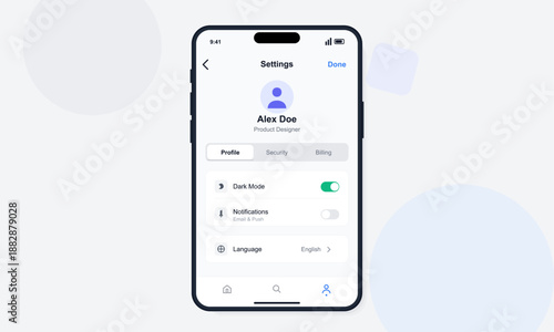 A mobile device displays the settings screen with a user profile. Options for dark mode, notifications, and language choice are visible. User details and status are also shown.