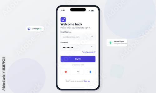 User views a screen on a mobile device with fields for email and password to log in. Options for password recovery and sign-up are present as buttons.
