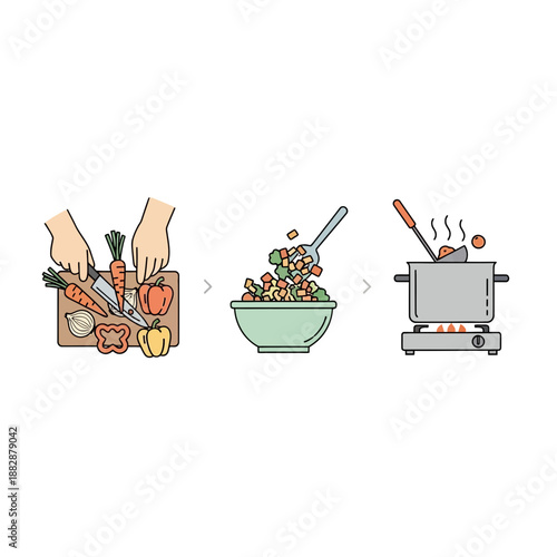 Illustrated Culinary Journey: From Chopped Vegetables to Simmering Culinary Creation