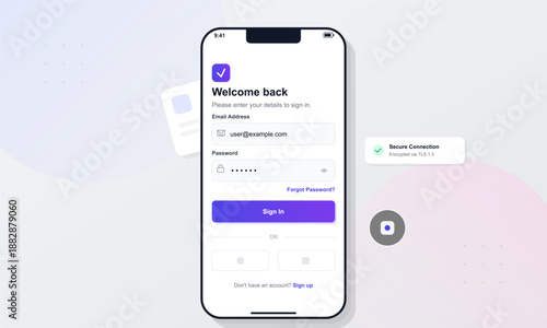 A mobile device shows a login screen where users can enter their email and password. The screen includes a button to sign in and a link for password recovery.