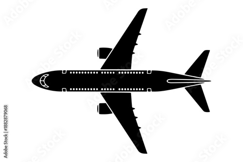 Top view silhouette of a commercial passenger airplane for travel aviation transport and aerospace industry design.