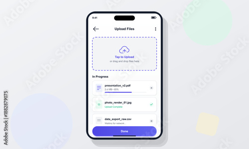 A user interacts with a mobile app to upload files from their device. The screen shows file names and upload status. The user can tap to upload more files.