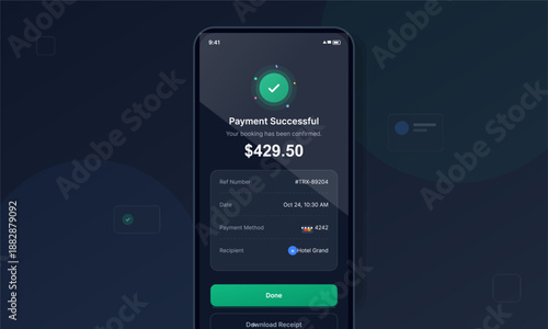 A mobile screen shows a payment confirmation for a booking. It displays the amount of 429.50, along with a reference number, date, payment method, and recipient details.