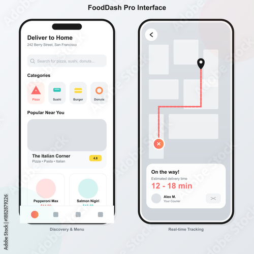 A food delivery application interface is shown with sections for categories, popular nearby restaurants, and real-time tracking. Users can see delivery time estimates.