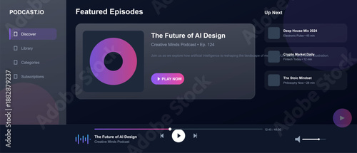 A podcast platform shows a featured episode focusing on the future of AI design. Users can play the episode or find additional content. Various categories are available for exploration.