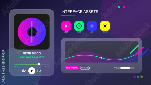 Controls for a music app with neon colors. It includes buttons for video and audio settings, volume control, and a playback slider. The design is modern and colorful.