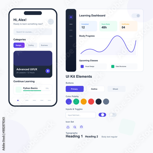 User interface kit shows an online learning dashboard on a mobile device. It displays progress, categories, and learning elements. Users can continue their studies.