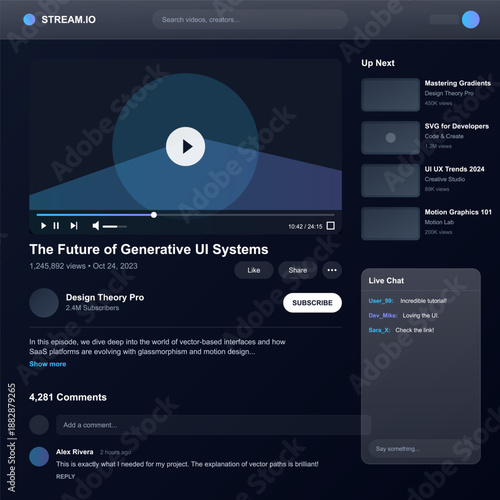 A session about generative UI systems is happening with Design Theory Pro. Viewers are watching videos, sharing comments, and engaging in live chat. The date is October 24, 2023.