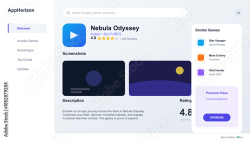 Users can find details about Nebula Odyssey, a sci-fi role-playing game, on the AppHorizon platform. Information about ratings, similar games, and features is visible.