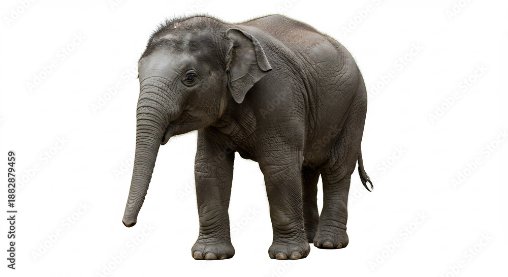 Fototapeta premium Curious baby elephant calf stands alertly expertly isolated on a brilliant pure white background with soft even lighting.. AI Generated