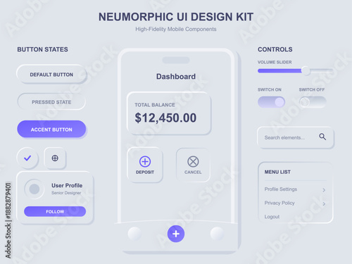 The layout shows a mobile user interface design kit featuring buttons, a dashboard, and controls for a financial application. Elements include balance display and action buttons.